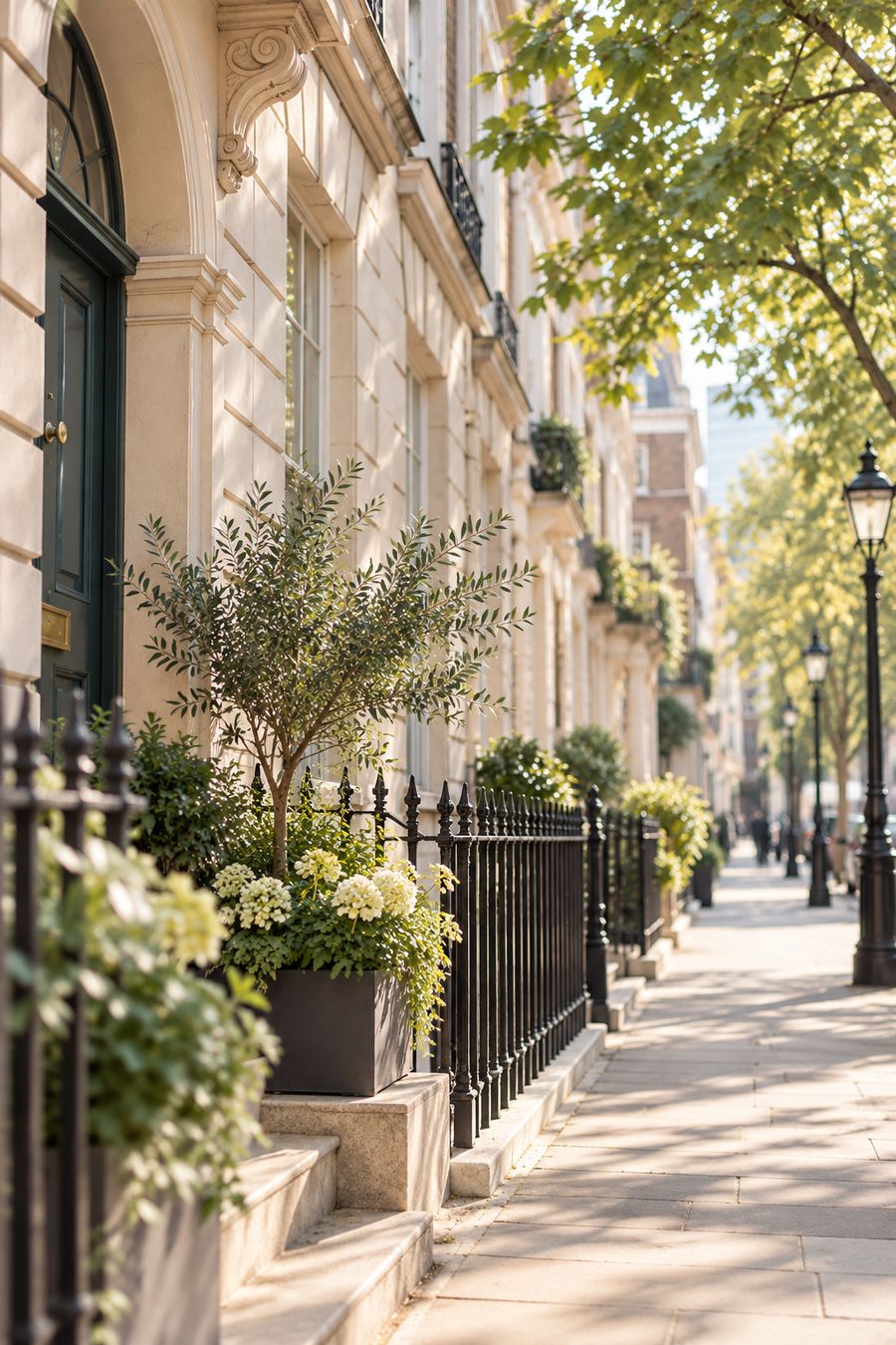 A sunny London street of white stucco houses and black railings