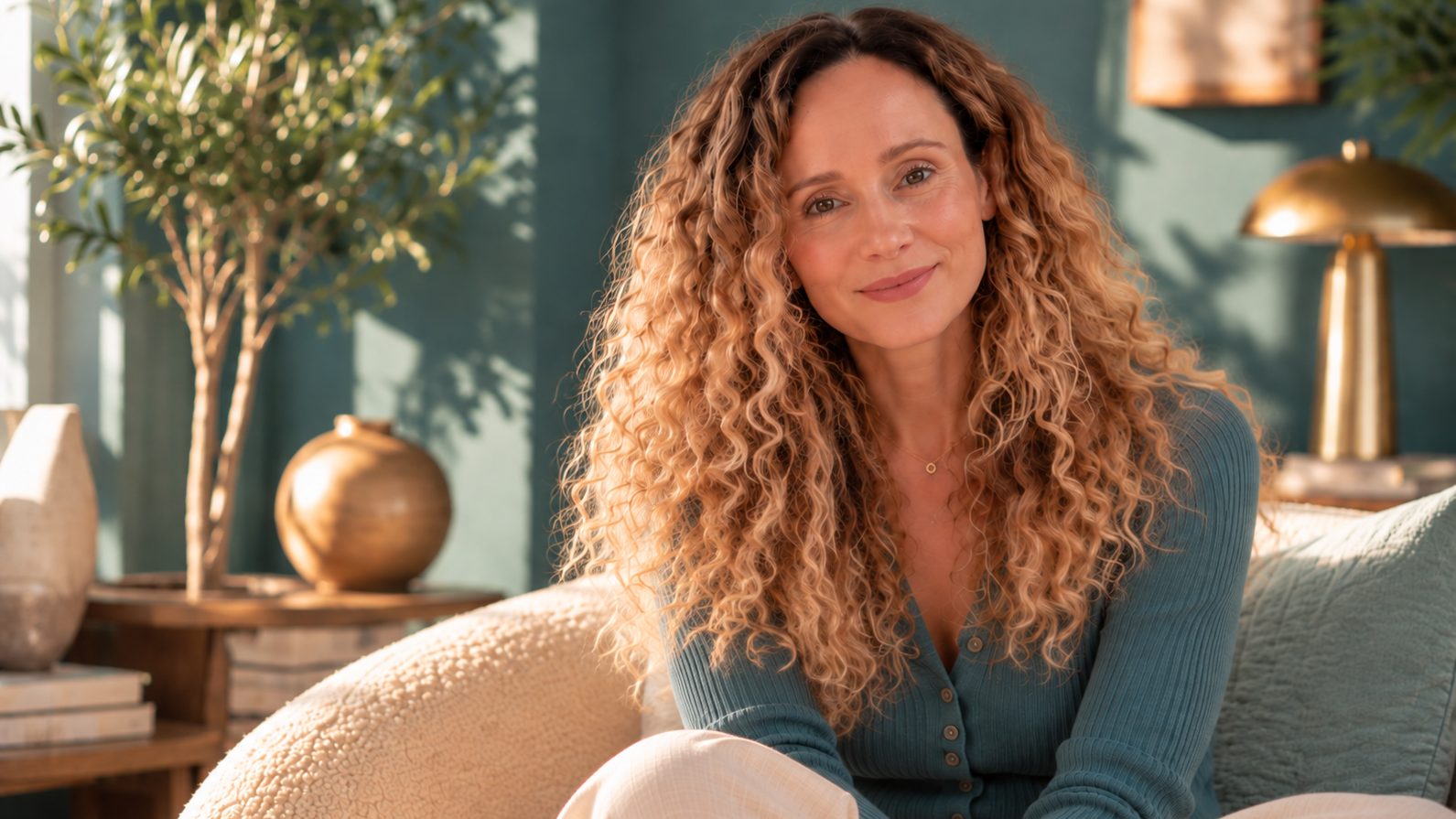 Susannah Saunders sitting in a cream armchair in a teal room