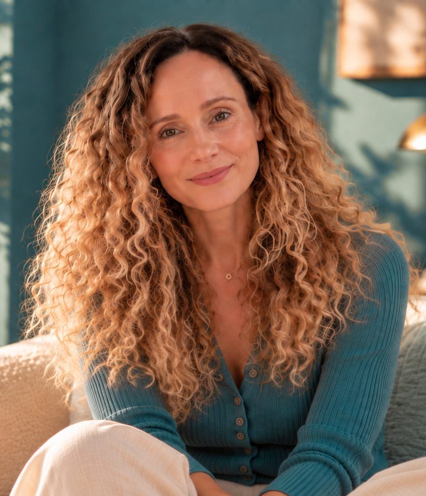 Susannah Saunders sitting on a cream sofa in a softly lit room